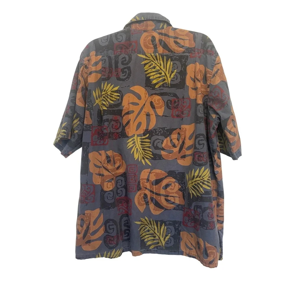 Go Barefoot Hawaiian Shirt Mens L Blue Orange‎ Tropical Monstera Made in USA
